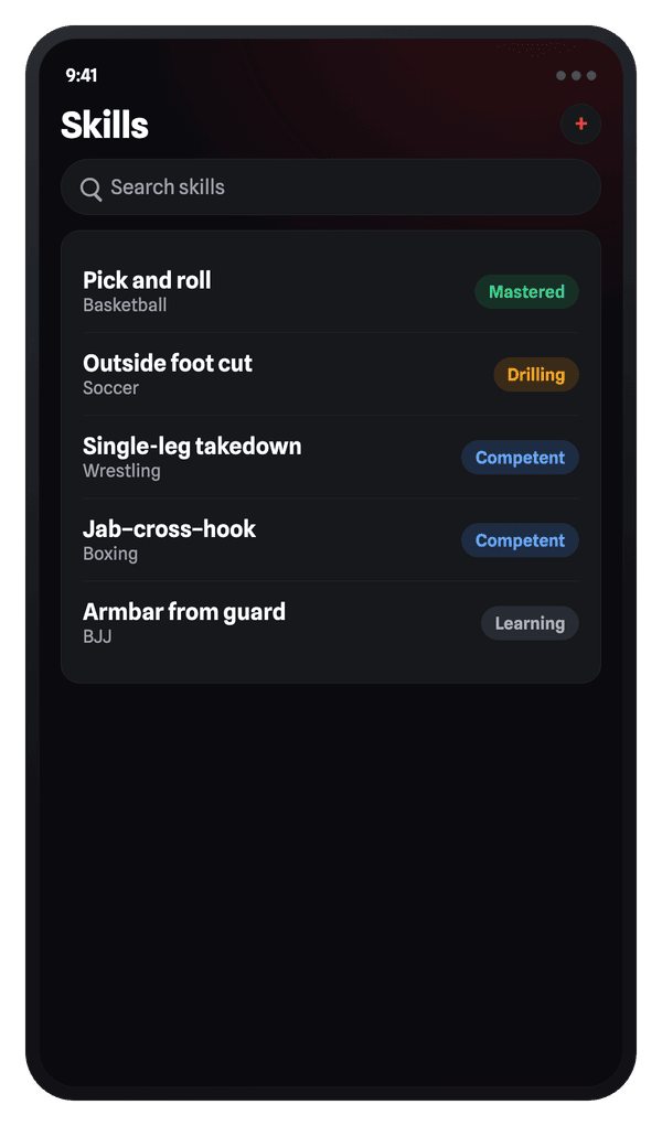 iFight technique library: techniques across BJJ, wrestling, Muay Thai and boxing with proficiency tags.