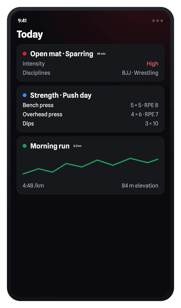 iFight training log: a sparring session, a strength workout with sets and RPE, and a run with a route line.