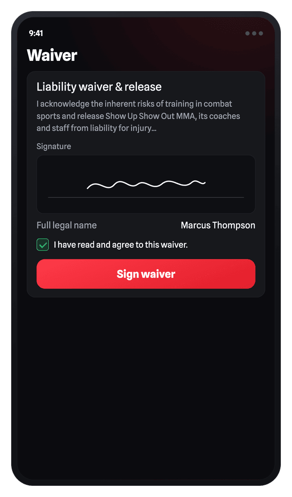 iFight digital waiver: a liability release with a drawn signature, typed legal name, an agreement checkbox, and a Sign waiver button.