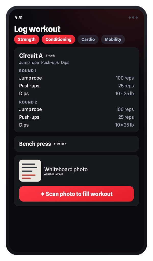 iFight workout editor: a strength and conditioning session with a circuit logged by rounds, a collapsed bench press card, an attached whiteboard photo, and a Scan photo to fill workout button.